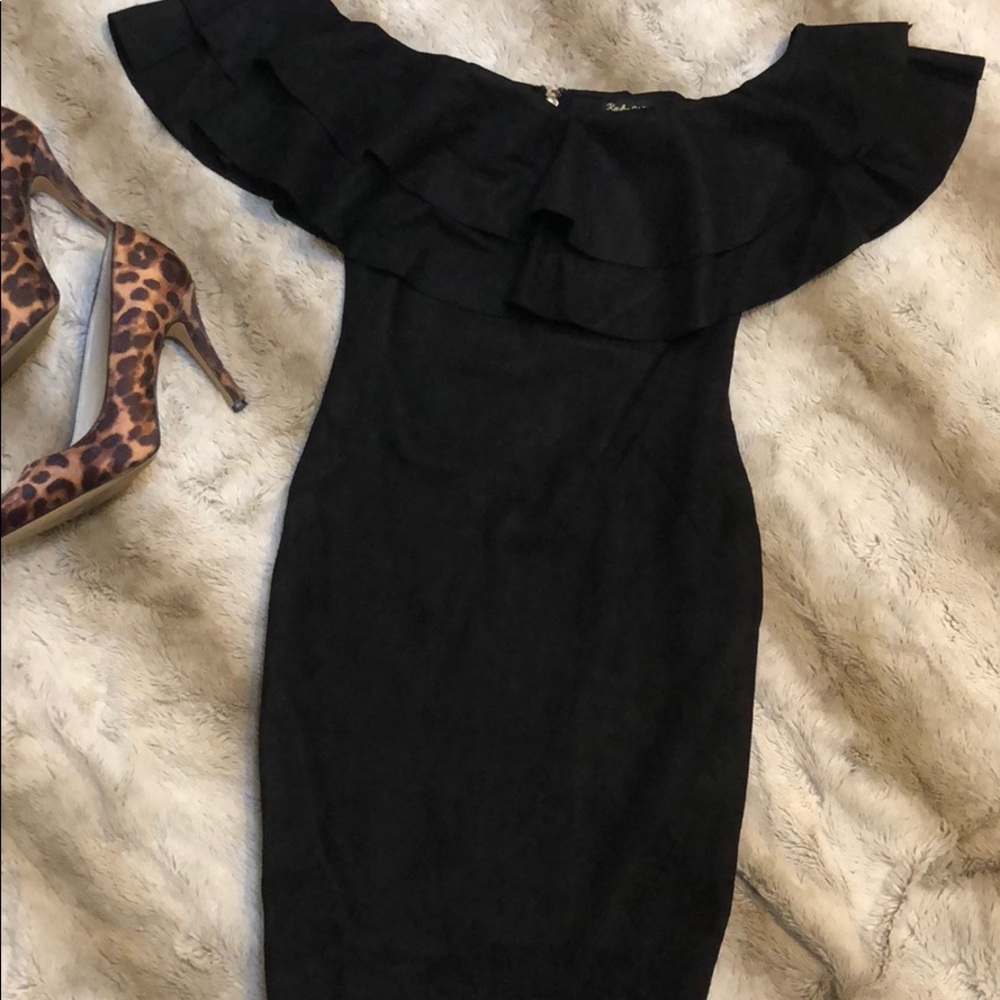 BLACK FAUX SUEDE OFF SHOULDER DRESS - Picture 5 of 6